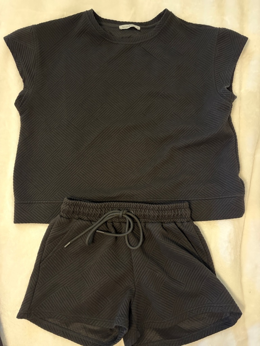 Seen And Be Seen Textured Black Short Sleeve Top & Drawstring Shorts Set
